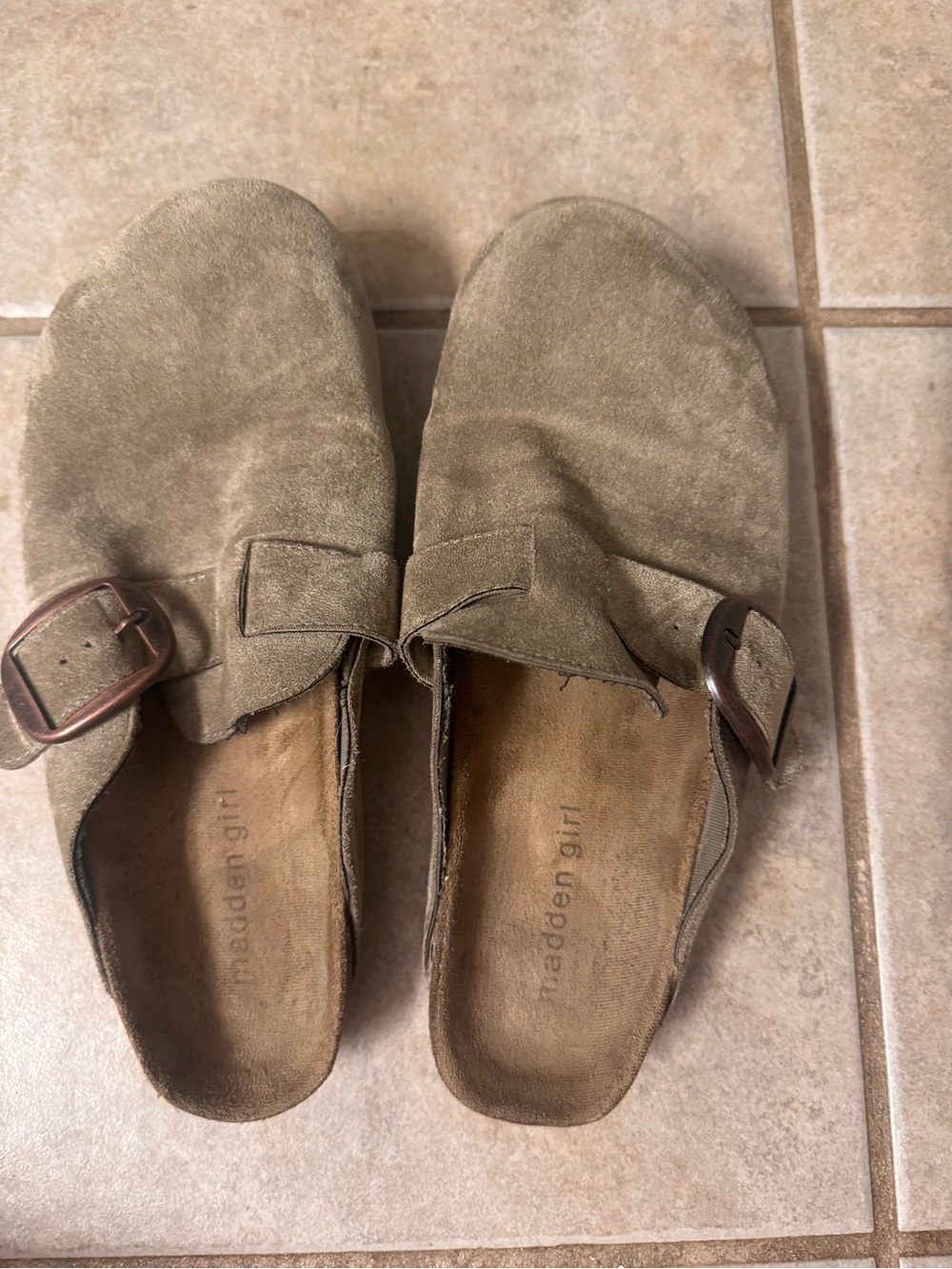 Madden Girl Olive-Taupe Suede Buckle Clogs